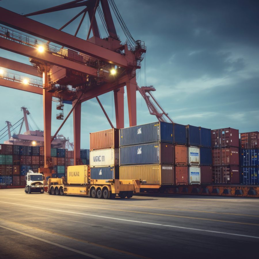 Logistics and transportation of Container Cargo ship and Cargo plane with working crane bridge in shipyard at sunrise, logistic import export and transport industry background. Ai generative Logistics and transportation of Container Cargo ship and Cargo plane with working crane bridge in shipyard at sunrise, logistic import export and transport industry background.