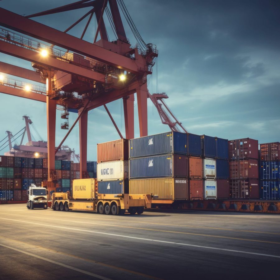 logistics transportation container cargo ship cargo plane with working crane bridge shipyard sunrise logistic import export transport industry background ai generative scaled